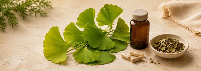 Ginkgo biloba leaves, herbal powder and unbranded capsules arranged with an amber supplement bottle