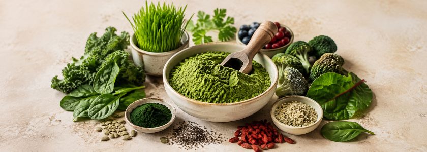 Green superfood powder with leafy greens, seeds and assorted plant-based ingredients