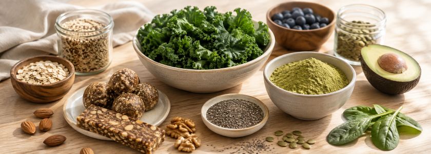 Assorted health foods including greens, seeds, snack foods and superfood powder arranged on a natural surface