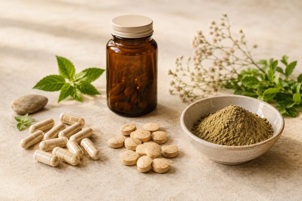 Herbal capsules, tablets and powder arranged with an unbranded amber supplement bottle