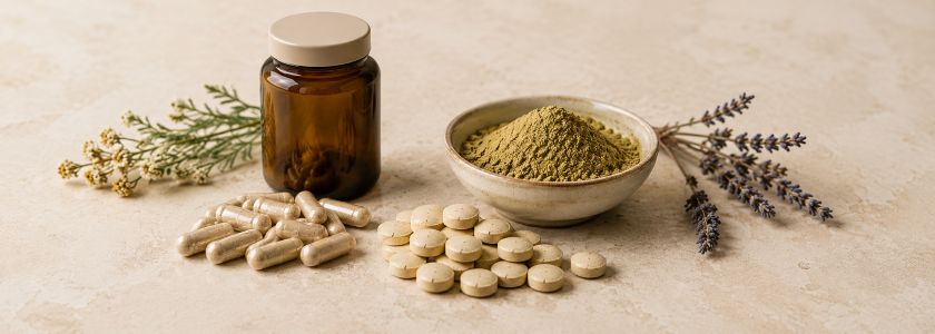 Herbal capsules, tablets and powder arranged with an unbranded amber supplement bottle