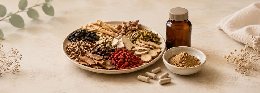 Mixed herbal ingredients, blended botanical powder and unbranded capsules arranged with an amber supplement bottle