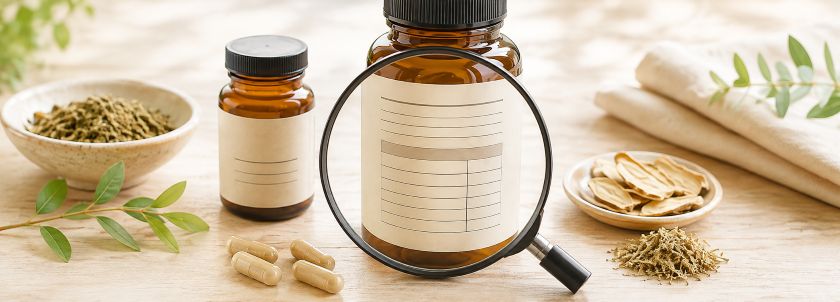 Magnifying glass over an unbranded herbal supplement bottle label with capsules and botanical ingredients