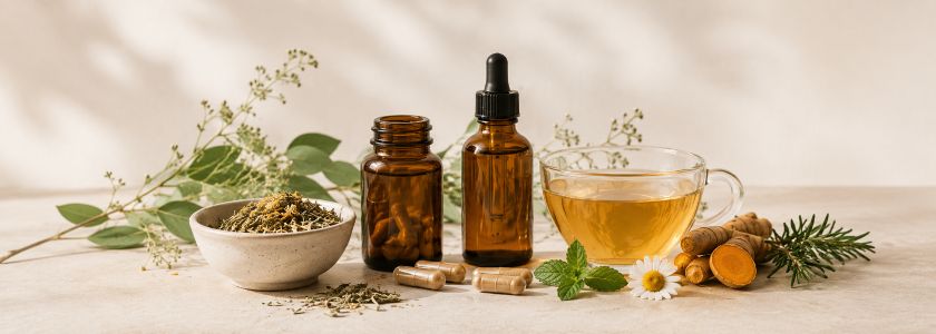Herbal capsules, dried botanicals, herbal tea and liquid extracts arranged on a natural surface