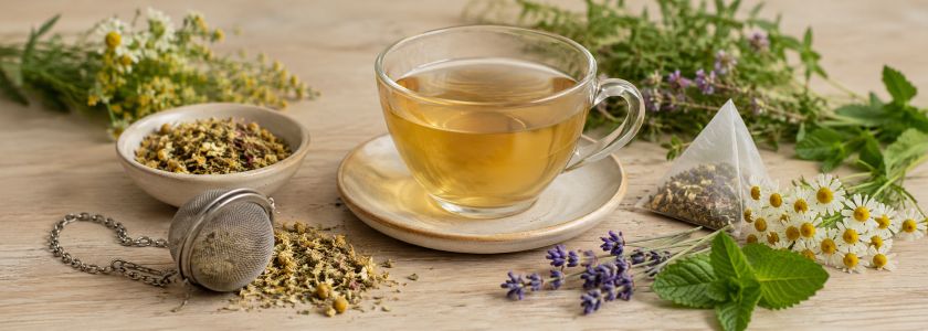 Herbal tea with loose dried botanicals, a tea infuser and fresh herbs