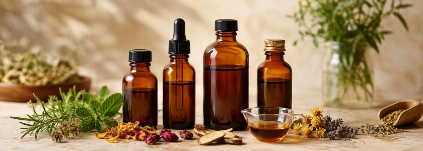 Unbranded herbal tonic and extract bottles with botanical ingredients and measured liquid