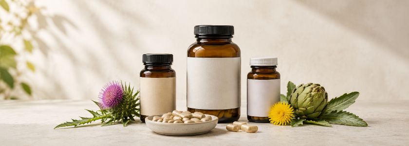Generic liver health supplement bottles with milk thistle, artichoke and dandelion botanicals
