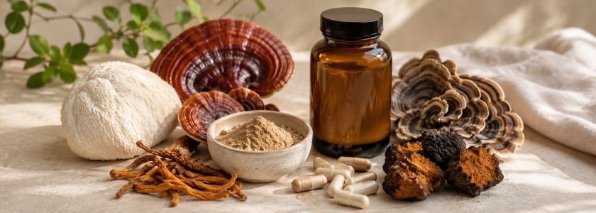 Medicinal mushrooms, mushroom powder and unbranded capsules arranged with an amber supplement bottle