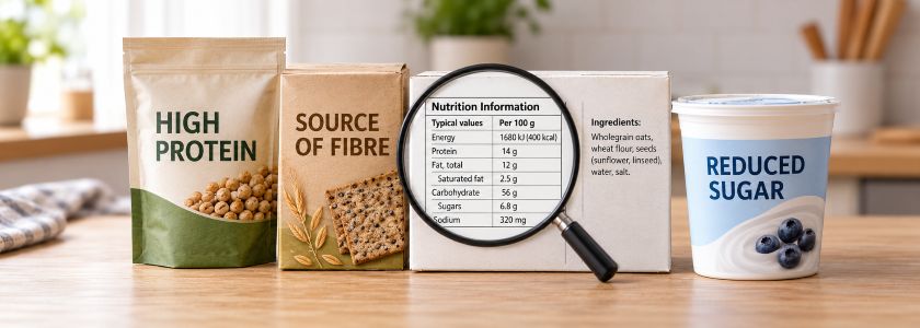 Unbranded food packages with nutrition claims, a nutrition panel and ingredient list for comparison