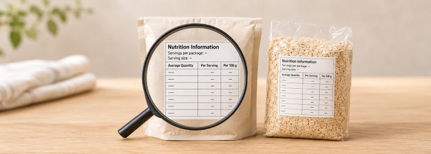 Unbranded packaged foods with a nutrition information panel being compared using a magnifying glass