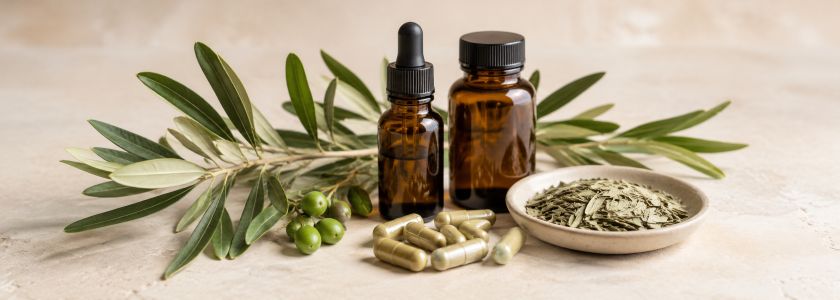 Olive leaves, unbranded capsules and amber extract bottles arranged on a natural surface