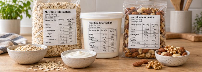 Unbranded food packages with nutrition panels and foods representing protein, carbohydrate and fat