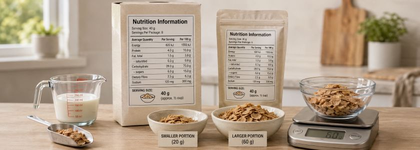 Unbranded food packages with nutrition panels, measured portions and a kitchen scale