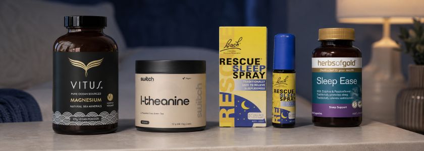 Sleep support product examples including magnesium powder, L-theanine capsules, sleep spray and herbal sleep support capsules