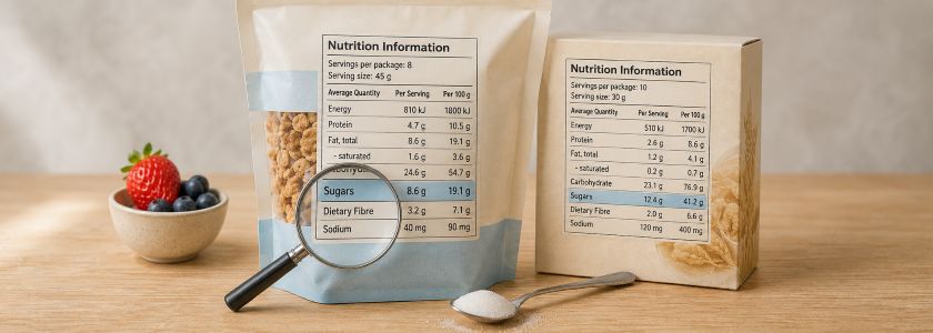 Unbranded food packages with nutrition panels, sugar and fruit arranged for label comparison