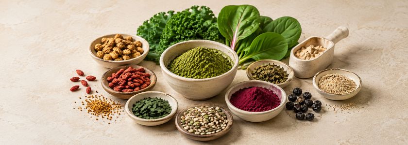 Assorted superfood ingredients including green powder, beetroot powder, leafy greens and seeds