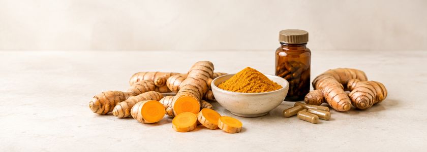 Turmeric roots, turmeric powder and unbranded capsules arranged with an amber supplement bottle