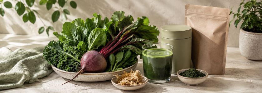 Superfoods scene with leafy greens, beetroot, sea moss, a green drink and neutral containers