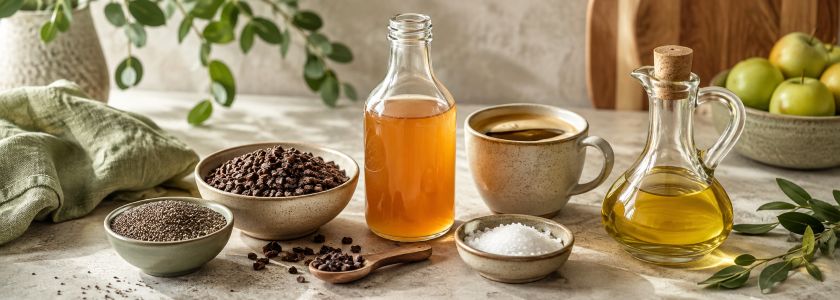 Health foods arranged with chia seeds, cacao nibs, apple cider vinegar, coffee and sea salt