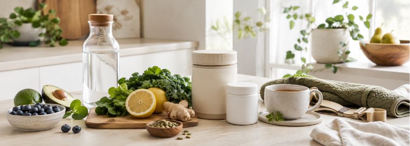 Everyday health and wellness lifestyle with fresh foods, hydration and active living