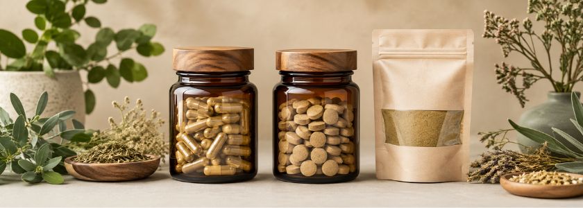Herbal supplement containers representing capsules, tablets and powder with botanical ingredients
