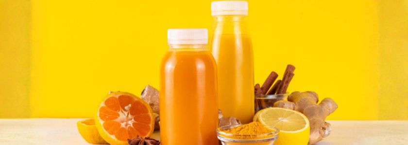 Orange juice bottles with oranges, lemon, turmeric, ginger and cinnamon for the Immune Support category