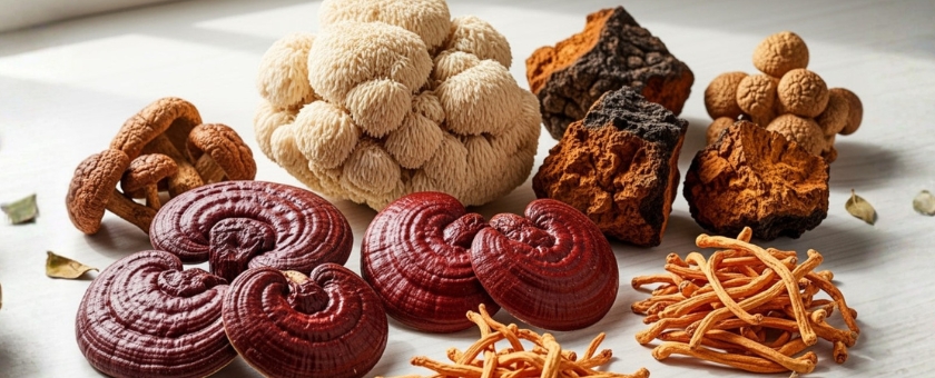 Assorted medicinal mushrooms including lion’s mane, reishi, chaga and cordyceps.
