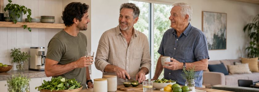 Men of different ages in an everyday setting representing men's health and supplement choices