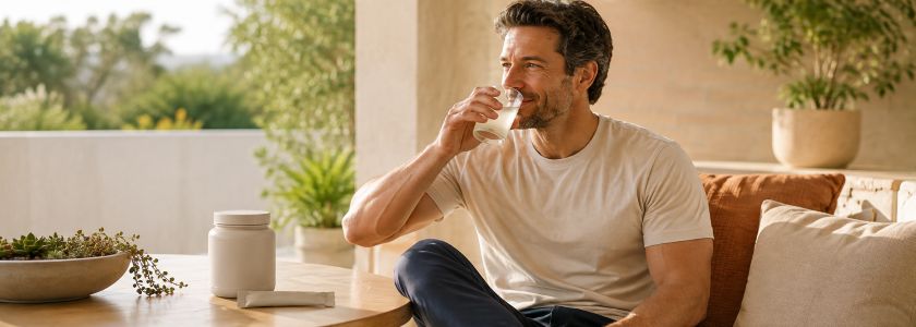 Man enjoying a prepared collagen drink in a bright morning setting with neutral sealed product cues.