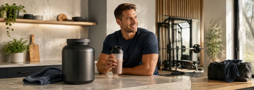 Mass gainer protein tub and shaker in a post-training kitchen setting