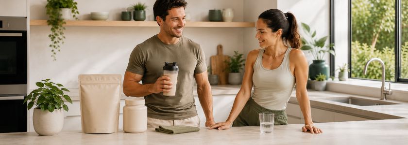 Active couple with plant protein shake and unbranded protein pouch in a bright modern kitchen