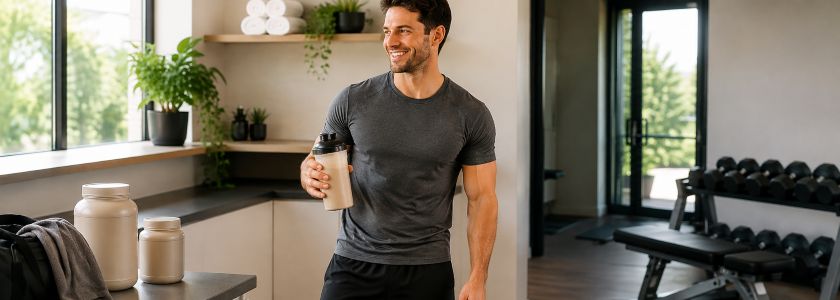 Active man holding a protein shake beside unbranded protein tubs in a modern gym