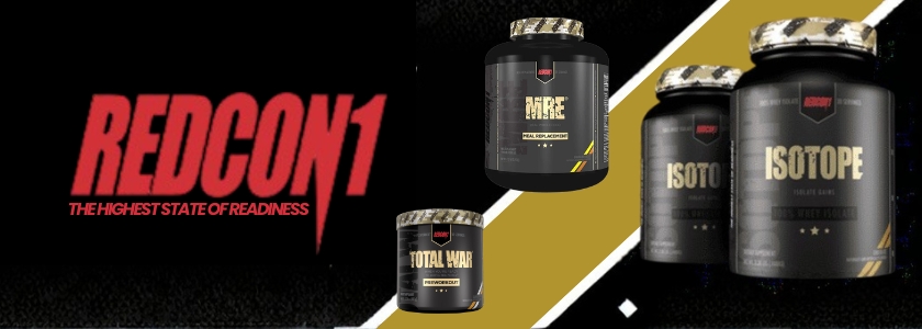 Redcon1 sports nutrition supplements banner featuring pre-workout, whey isolate and performance support products
