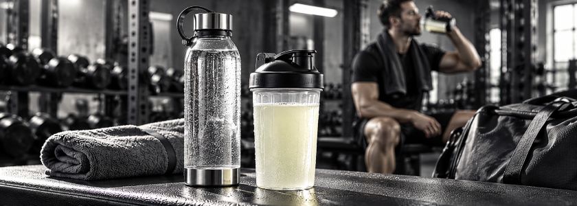 Hydration and electrolyte drinks with water bottle, shaker, gym towel and athlete in a sports nutrition setting.