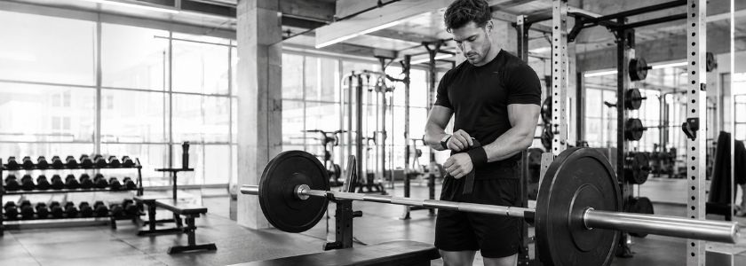 Athlete preparing for a gym session in a bright unbranded monochrome training space