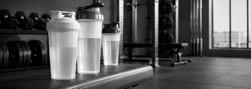 Unbranded shaker cups on a gym bench in a bright monochrome training space