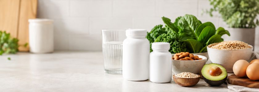 Vitamin B supplement options with generic containers, water and everyday nutrition elements