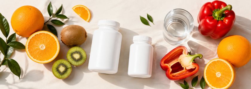 Vitamin C supplement packaging with citrus fruit, kiwifruit and capsicum