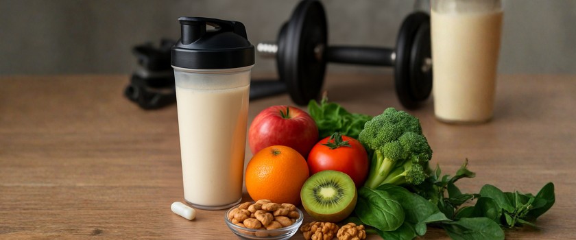 Weight management smoothie in shaker cup with fresh fruit and vegeatables
