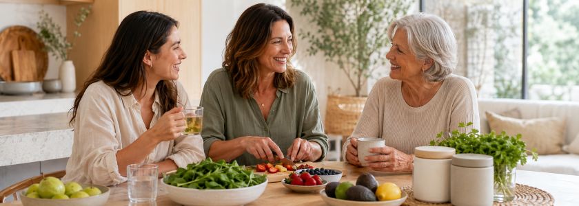 Women of different ages together in a natural home setting representing women's health and well-being