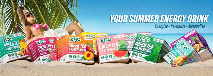 X50 Lifestyle summer banner featuring assorted Green Tea, Pure Collagen, Collagen Protein Water and Showtime Thermoshred products on a beach scene.