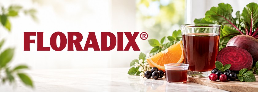Floradix brand banner with official logo and a bright natural wellness still life representing liquid iron support and everyday vitality