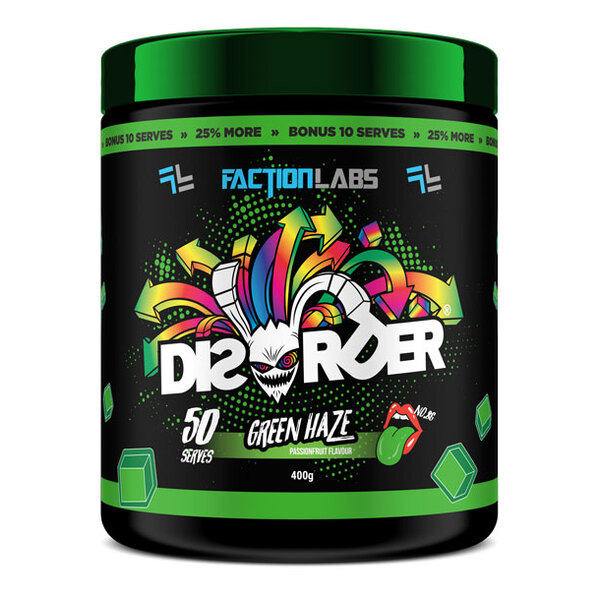 Disorder Pre by Faction Labs 50 serves Green Haze (Passionfruit)